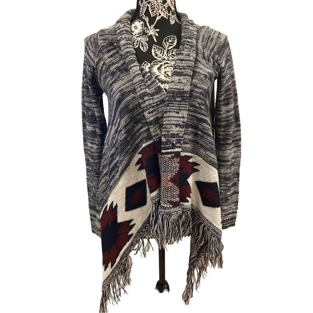 Arizona Jeans Fringe Cardigan Sweater Boho Bohemian Aztec Hippie